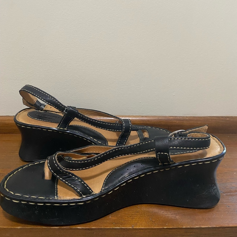 Born Black Leather Wedge Sandals